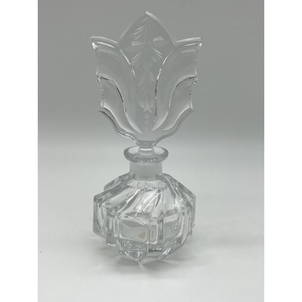 Vintage Clear Crystal Art Deco Style Perfume Bottle With Stopper & Etched Design